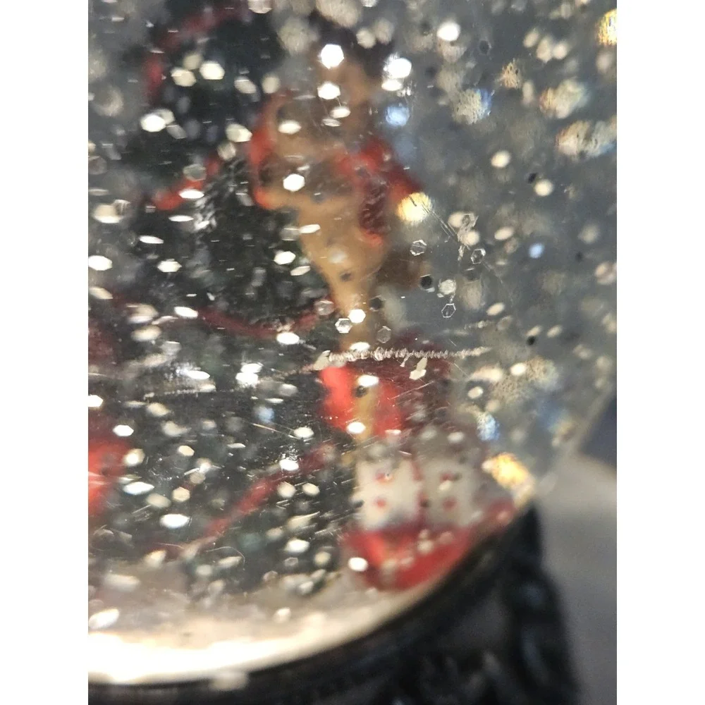Lighted Christmas Tree Snow Globe Swirling Glitter Plastic Dome Black Filigree